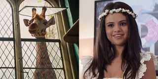 Giraffe Betsy, left, is voiced by Selena Gomez, right, in Dolittle