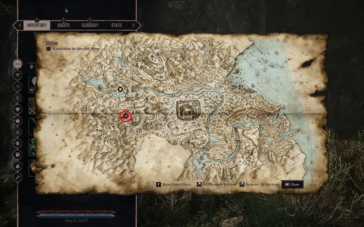 Gothic Remake New Camp: A map with a red circle showing the location of the pond cave where you'll learn more about Bran.