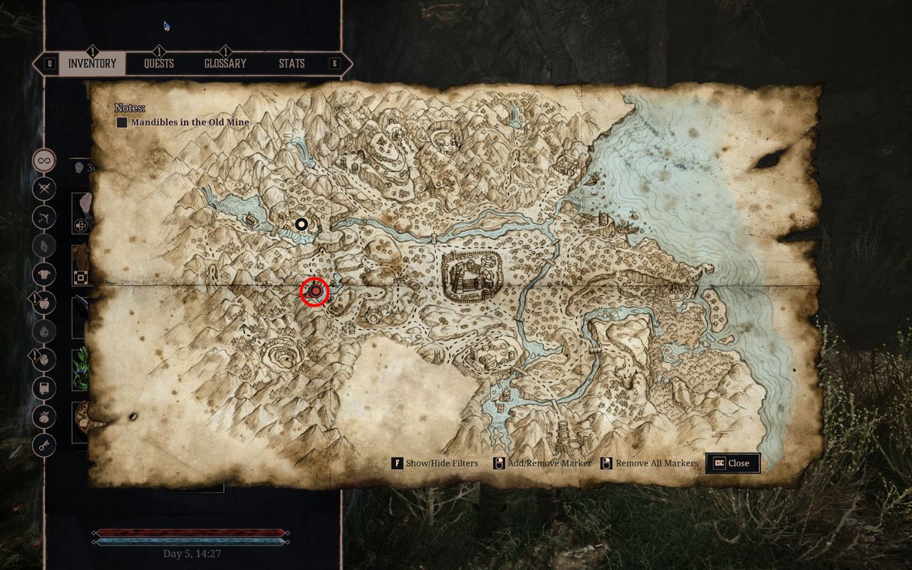 Gothic Remake New Camp: A map with a red circle showing the location of the pond cave where you'll learn more about Bran.