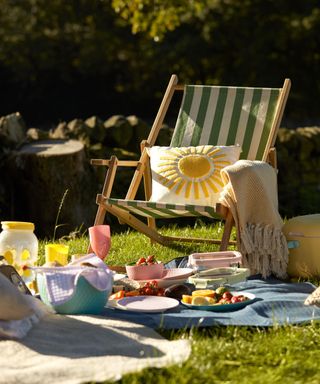 A green and white striped deck chair with sunshine motif outdoor cushion and picnic blanket