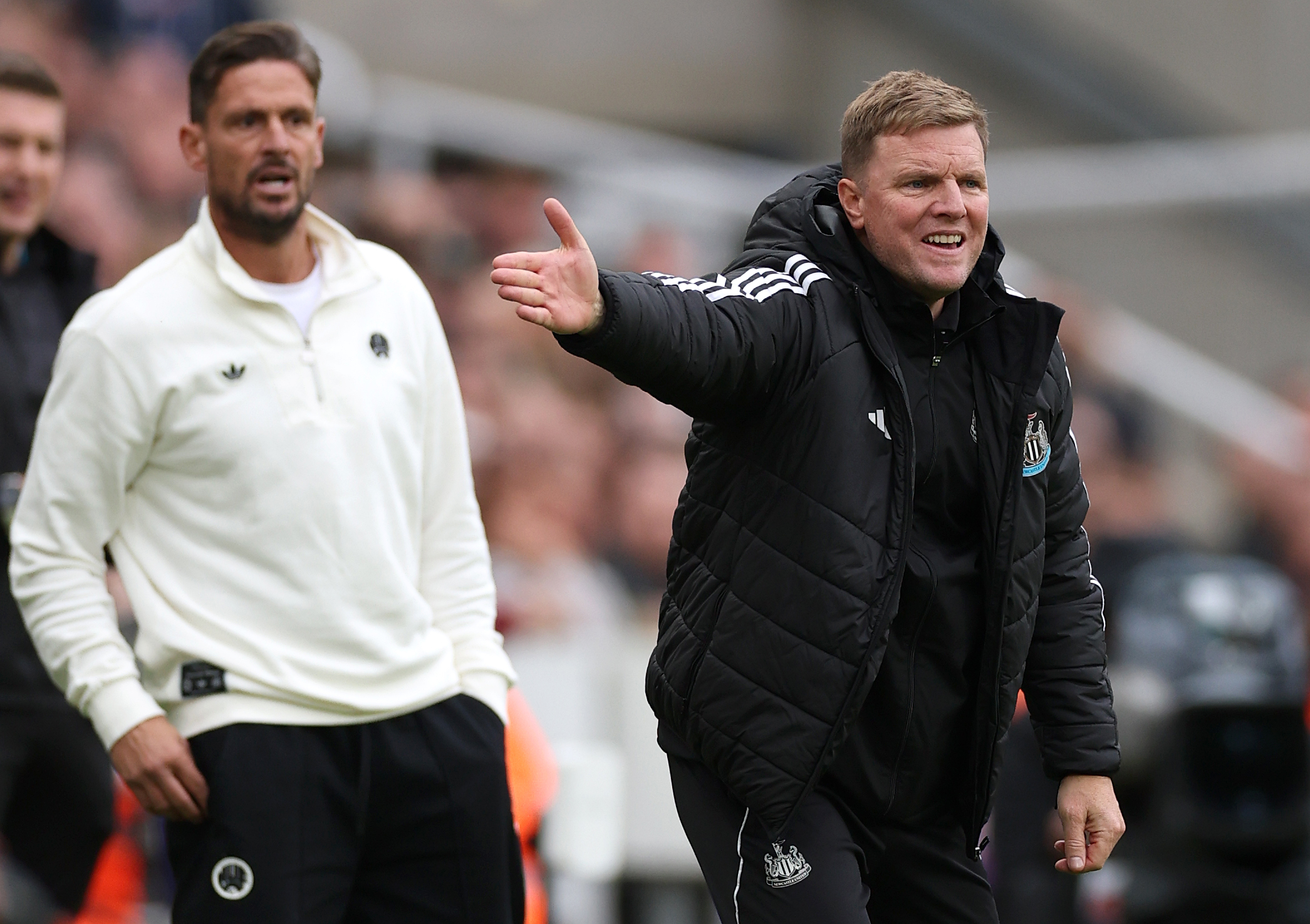 NEWCASTLE UPON TYNE, ENGLAND - OCTOBER 05: Newcastle head coach Eddie Howe reacts during the Premier League match between Newcastle United and Nottingham Forest at St James&amp;amp;apos; Park on October 05, 2025 in Newcastle upon Tyne, England. (Photo by Stu Forster/Getty Images)