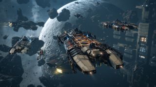 A screen shot of a Mining Fleet in space from EVE Online