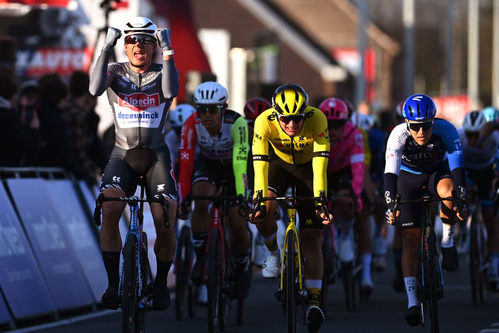 KUURNE BELGIUM MARCH 02 Jasper Philipsen of Belgium and Team AlpecinDeceuninck celebrates at finish line as race winner during the 77th Kuurne Bruxelles Kuurne 2025 a 1969km one day race from Kortrijk to Kuurne on March 02 2025 in Kuurne Belgium Photo by Luc ClaessenGetty Images