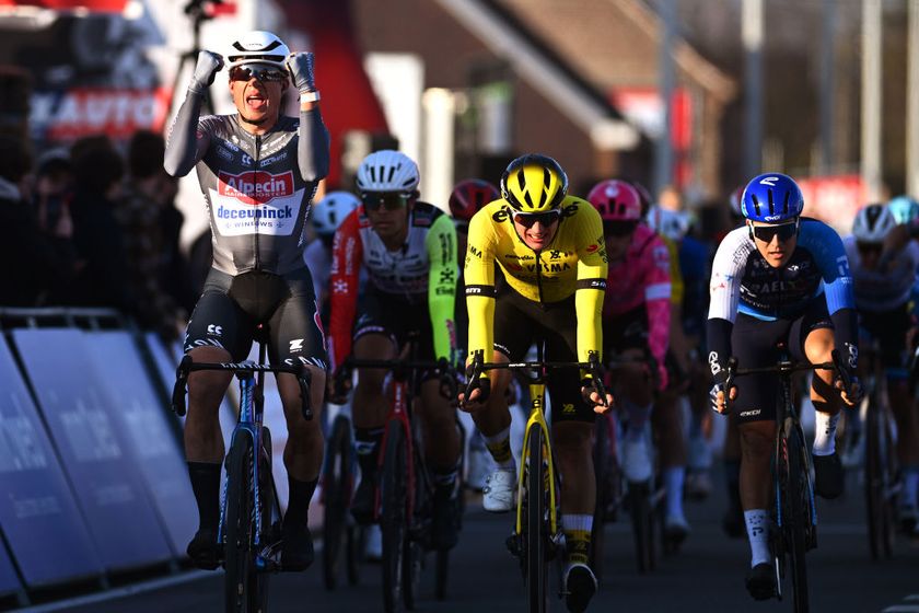 KUURNE BELGIUM MARCH 02 Jasper Philipsen of Belgium and Team AlpecinDeceuninck celebrates at finish line as race winner during the 77th Kuurne Bruxelles Kuurne 2025 a 1969km one day race from Kortrijk to Kuurne on March 02 2025 in Kuurne Belgium Photo by Luc ClaessenGetty Images