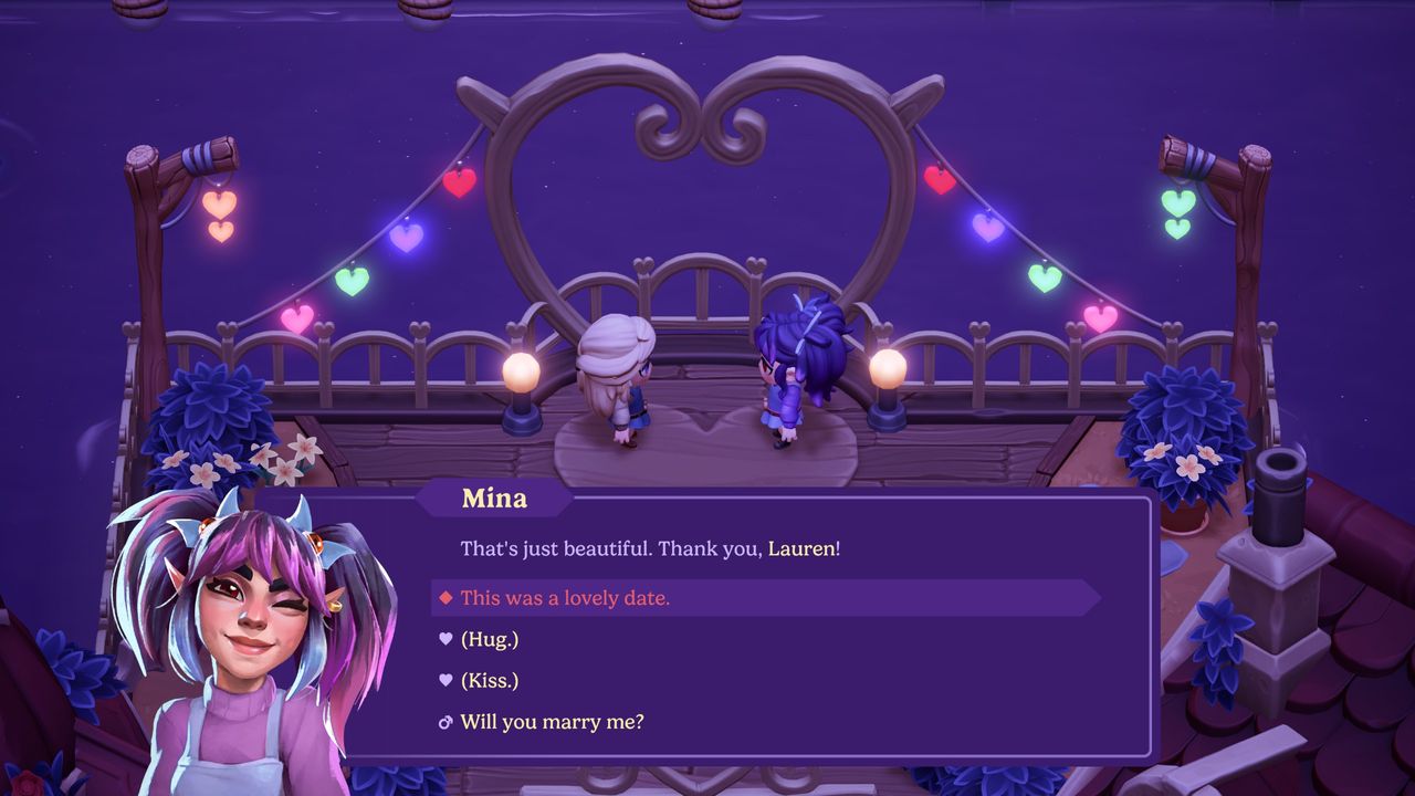 Moonlight Peaks - End of date dialogue with Mina showing the option to say "Weill you marry me?"