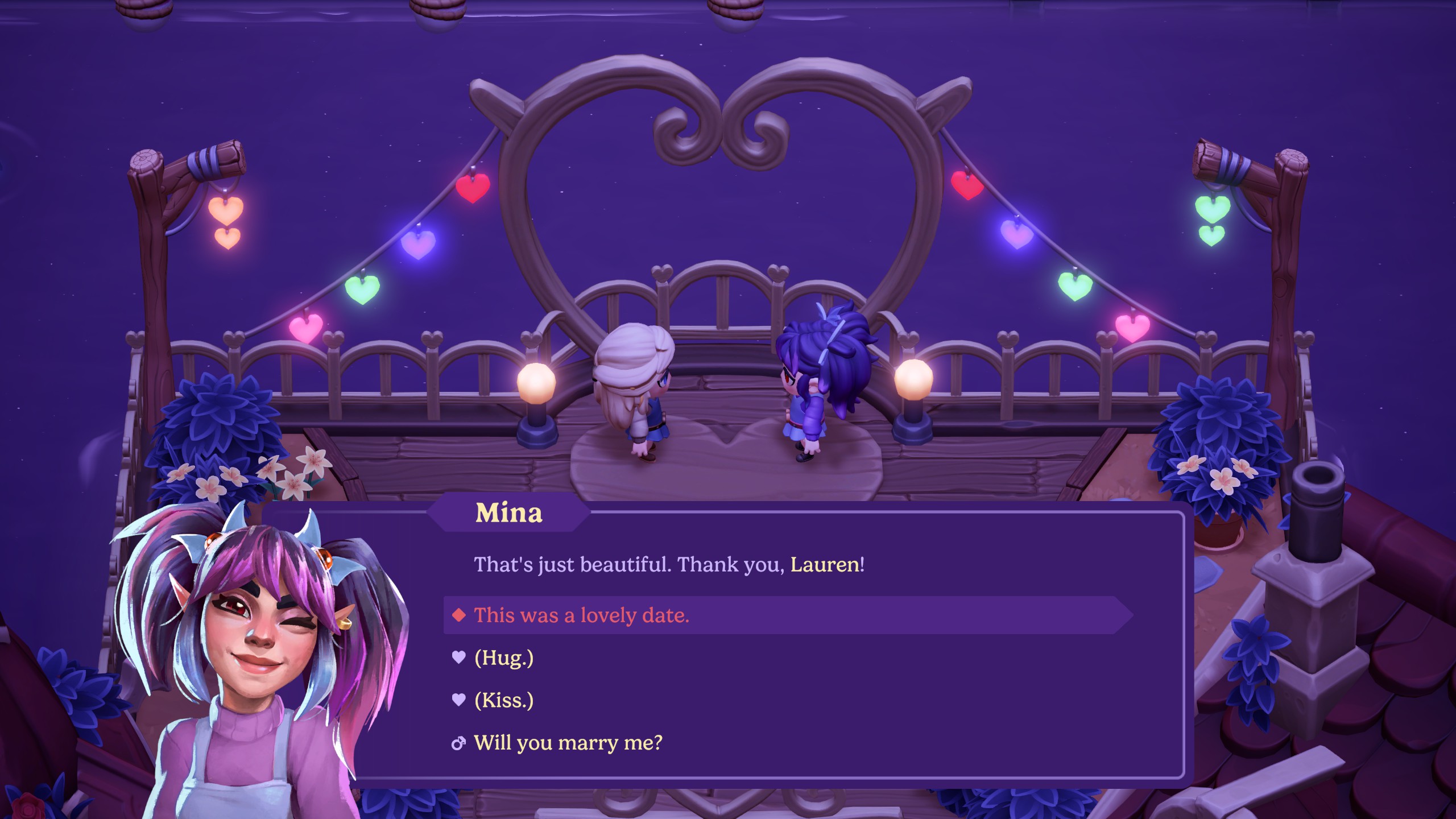 Moonlight Peaks - End of date dialogue with Mina showing the option to say "Weill you marry me?"