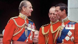 Prince Charles, Prince Philip And The Duke Of Kent Joking And Laughing Together On The Balcony Of Buckingham Palace After Trooping The Colour