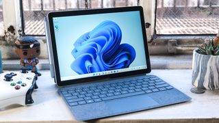 The Microsoft Surface Go 3 with keyboard, at an angle
