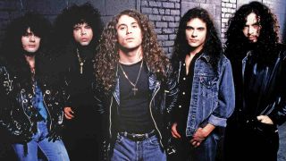 Armored Saint posing for a photograph in the early 1990s