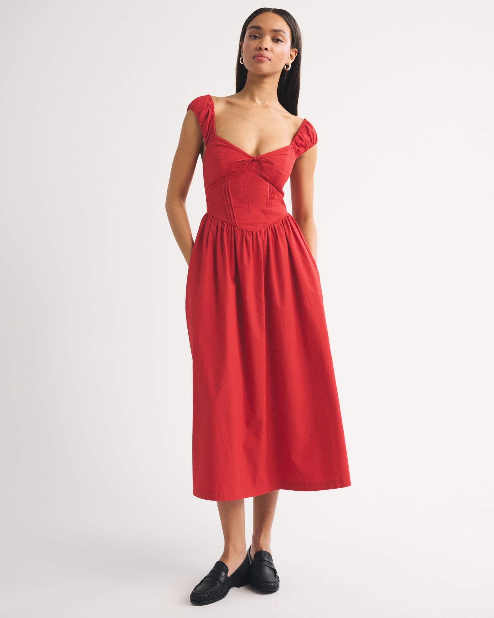Bra-Free Cap Sleeve Dipped Waist Midi Dress
