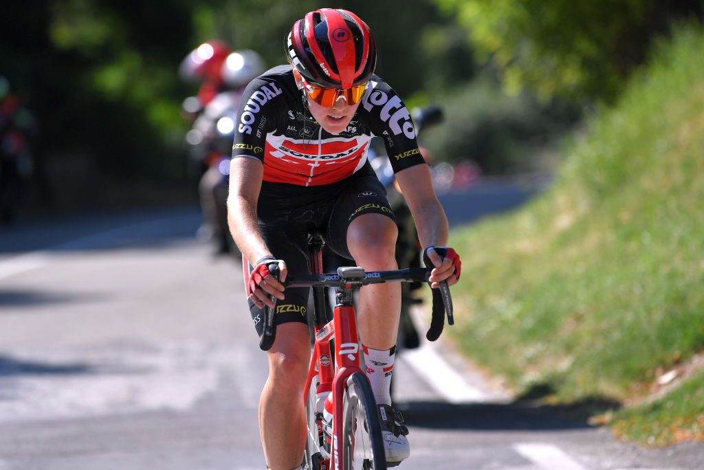 ARCIDOSSO ITALY SEPTEMBER 12 Julie Van De Velde of Belgium and Team Lotto Soudal Ladies Breakaway during the 31st Giro dItalia Internazionale Femminile 2020 Stage 2 a 1248km stage from Civitella Paganico to Arcidosso GiroRosaIccrea GiroRosa on September 12 2020 in Arcidosso Italy Photo by Luc ClaessenGetty Images