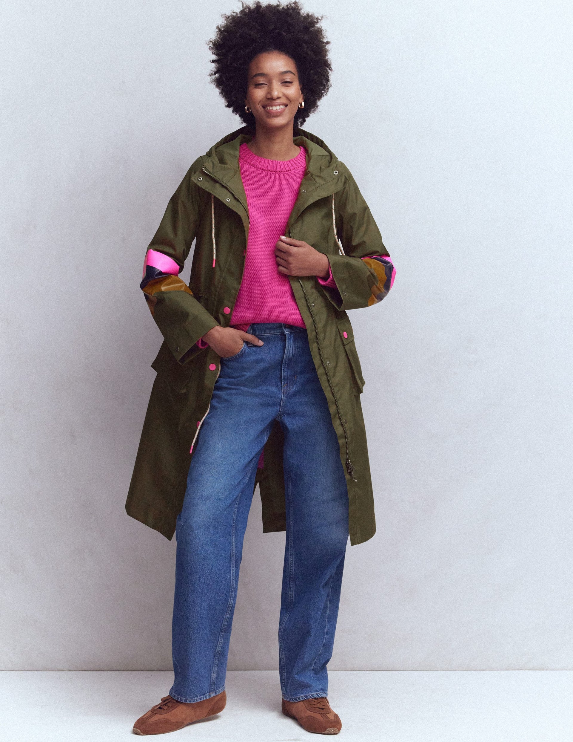 Striped Longline Rain Mac-Woodland Green Stripe