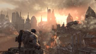 Screenshot from Gears of War 2 showing Marcus Fenix looking over a ruined city.