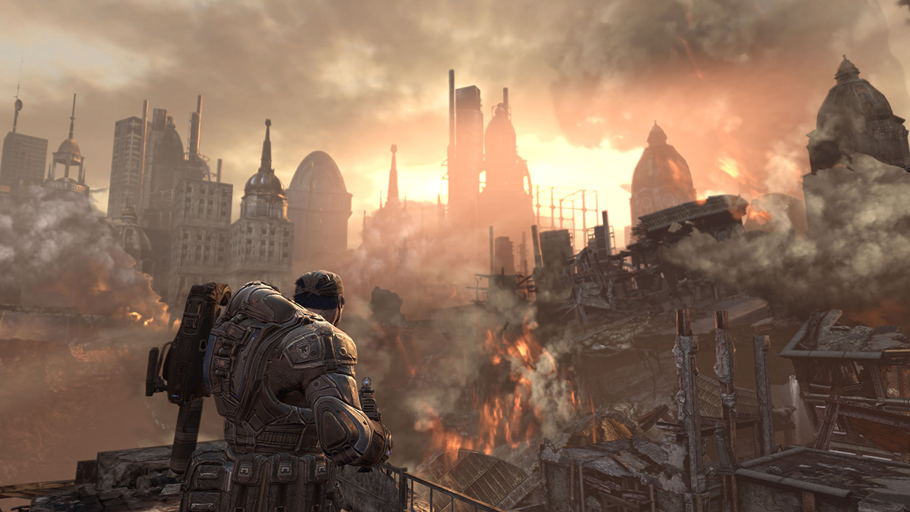 Screenshot from Gears of War 2 showing Marcus Fenix ​​​​looking over a destroyed city.