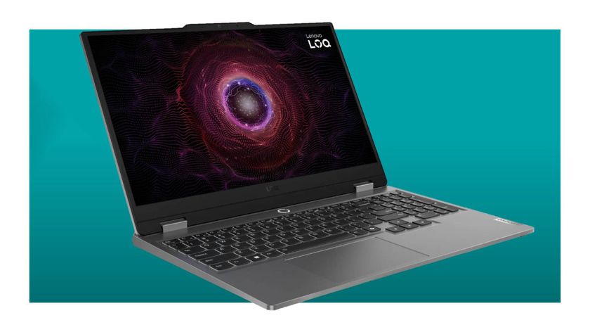 A Lenovo LOQ 15.6 inch gaming laptop on a teal deals background