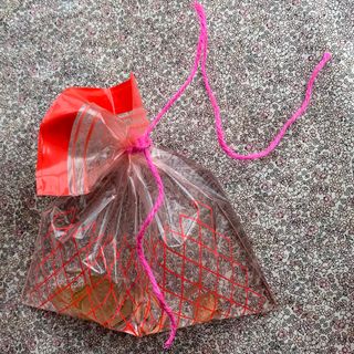 plastic bag with coins sealed with pink string on printed wall
