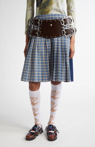 Marshal Plaid Belted Denim Skirt