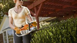 Stihl gardern hedge trimmer being used by a woman to trim a hedge
