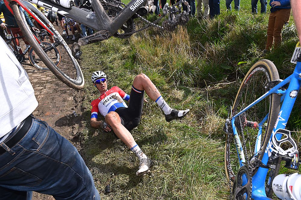 Nikki Terpstra (Etixx-QuickStep) on the ground after the crash