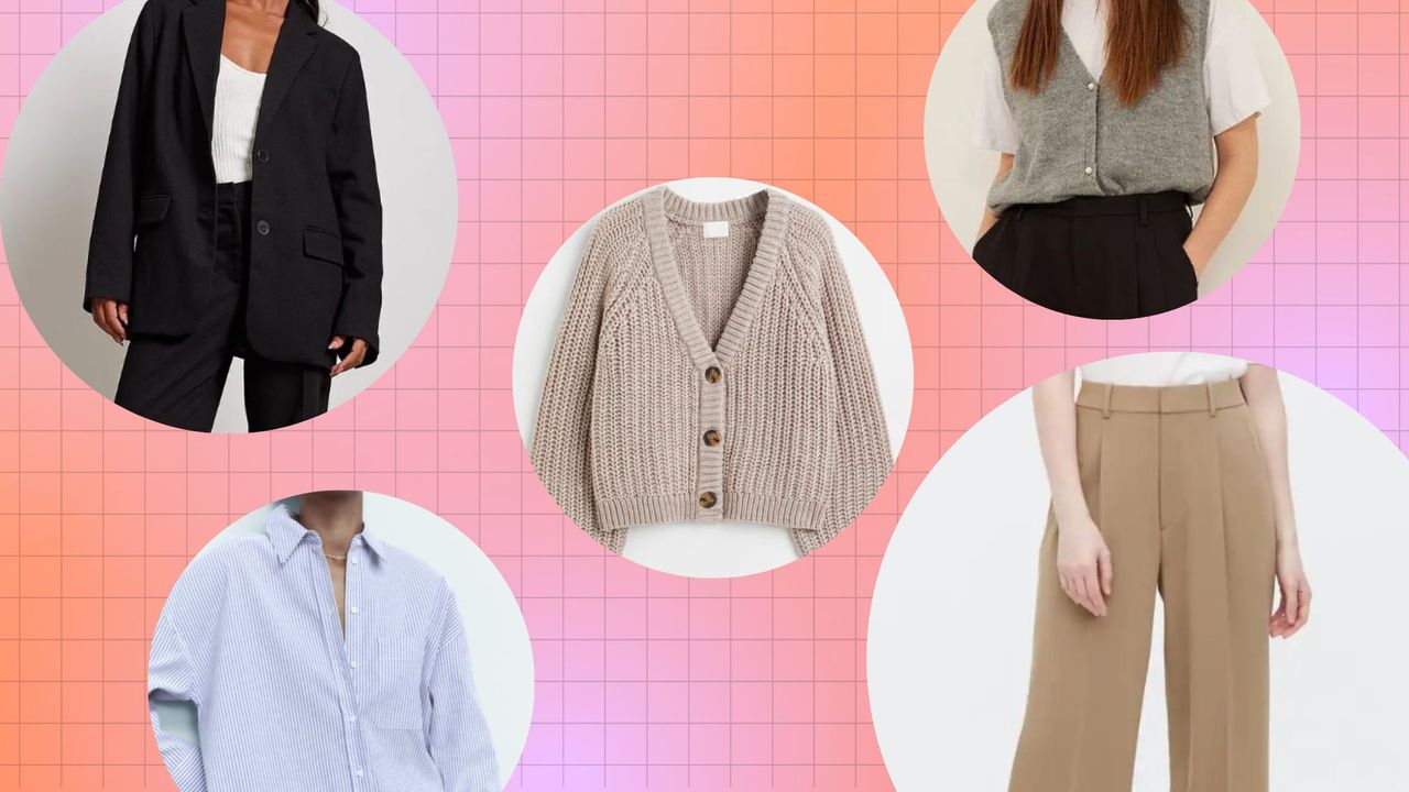 A collage image showing product shots of workwear clothes from NA-KD, ZARA, H&amp;M and Uniqlo in circle templates on a coral pink background with tight grid decoration