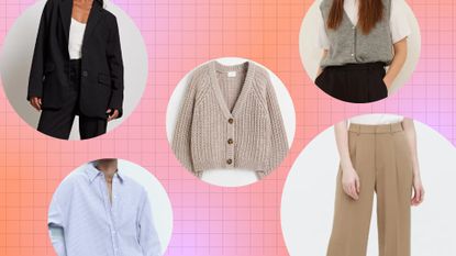 A collage image showing product shots of workwear clothes from NA-KD, ZARA, H&M and Uniqlo in circle templates on a coral pink background with tight grid decoration