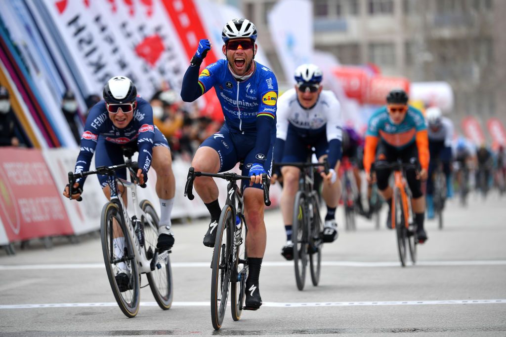 KONYA TURKEY APRIL 12 Arrival Mark Cavendish of United Kingdom and Team Deceuninck QuickStep Celebration Jasper Philipsen of Belgium and Team AlpecinFenix Andre Greipel of Germany and Team Israel StartUp Nation during the 56th Presidential Cycling Tour Of Turkey 2021 Stage 2 a 1449km stage from Konya to Konya TUR2021 tourofturkeyTUR on April 12 2021 in Konya Turkey Photo by Stuart FranklinGetty Images