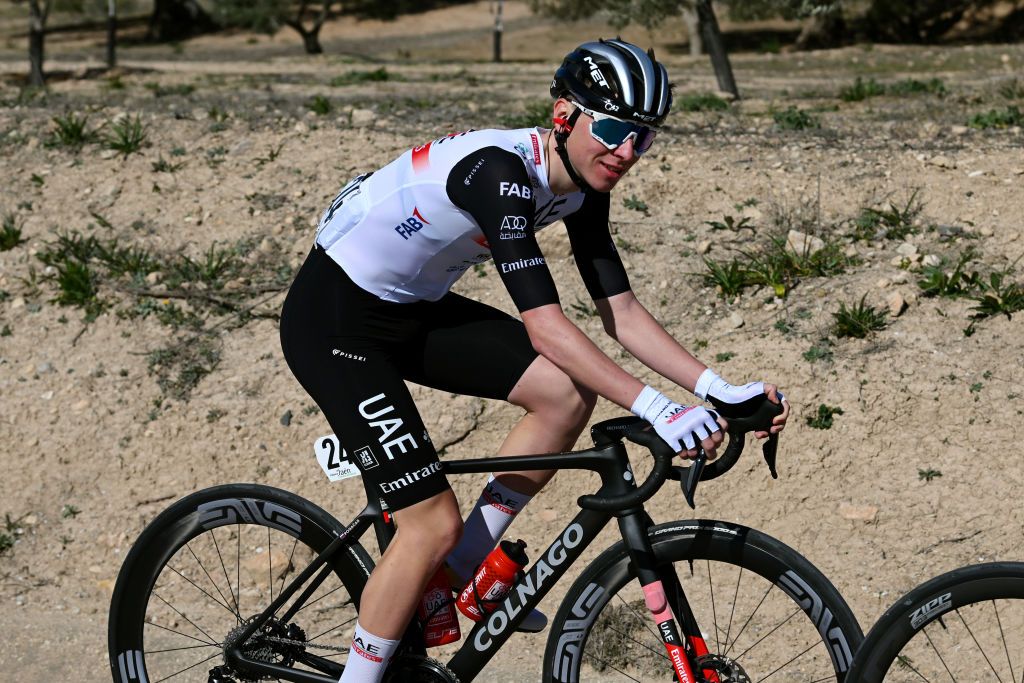BAEZA SPAIN FEBRUARY 13 Tadej Pogacar of Slovenia and UAE Team Emirates competes during the 2nd Clasica Jaen Paraiso Interior 2023 a 1789km one day race from beda to Baeza 752m ClsicaJan23 on February 13 2023 in Baeza Spain Photo by Dario BelingheriGetty Images