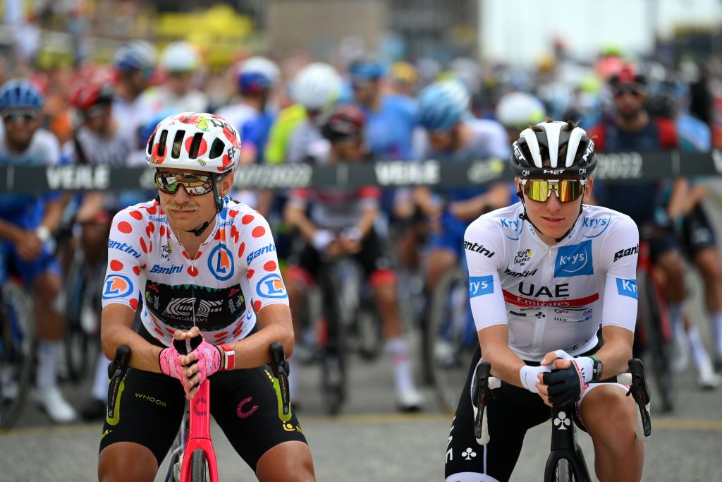 SONDERBORG DENMARK JULY 03 LR Magnus Cort Nielsen of Denmark and Team EF Education Easypost Polka Dot Mountain Jersey and Tadej Pogacar of Slovenia and UAE Team Emirates White Best Young Rider Jersey during the team presentation prior to the 109th Tour de France 2022 Stage 3 a 182km stage from Vejle to Snderborg TDF2022 WorldTour on July 03 2022 in Sonderborg Denmark Photo by Stuart FranklinGetty Images