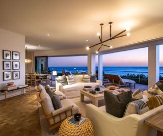 Malibu Mansion living room with panoramic ocean views