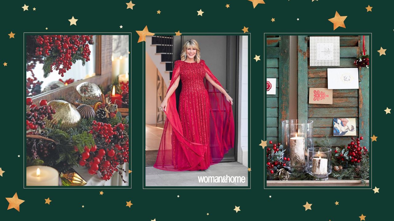Compilation image of Ruth Langsford in a red evening dress and traditional Christmas displays