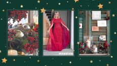 Compilation image of Ruth Langsford in a red evening dress and traditional Christmas displays