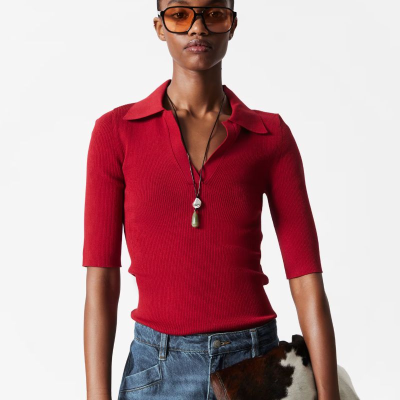Collared Short-Sleeve Top on model 