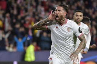 Sergio Ramos celebrates after scoring for Sevilla against PSV in the Champions League in November 2023.