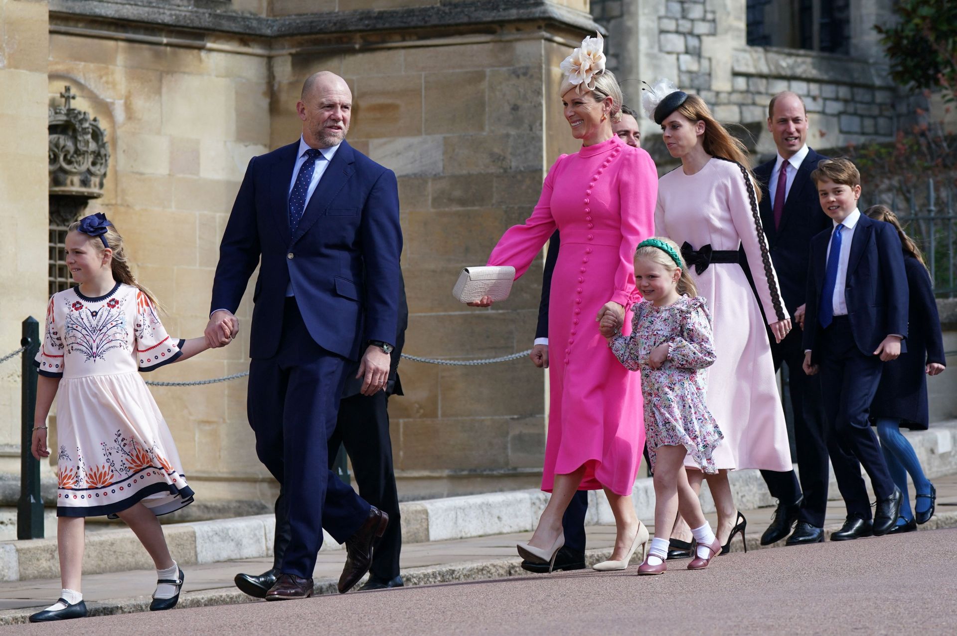 Zara Tindall and Mike Tindall walking with their kids ahead of Princess Beatrice, Prince George and Prince William on Easter 2023