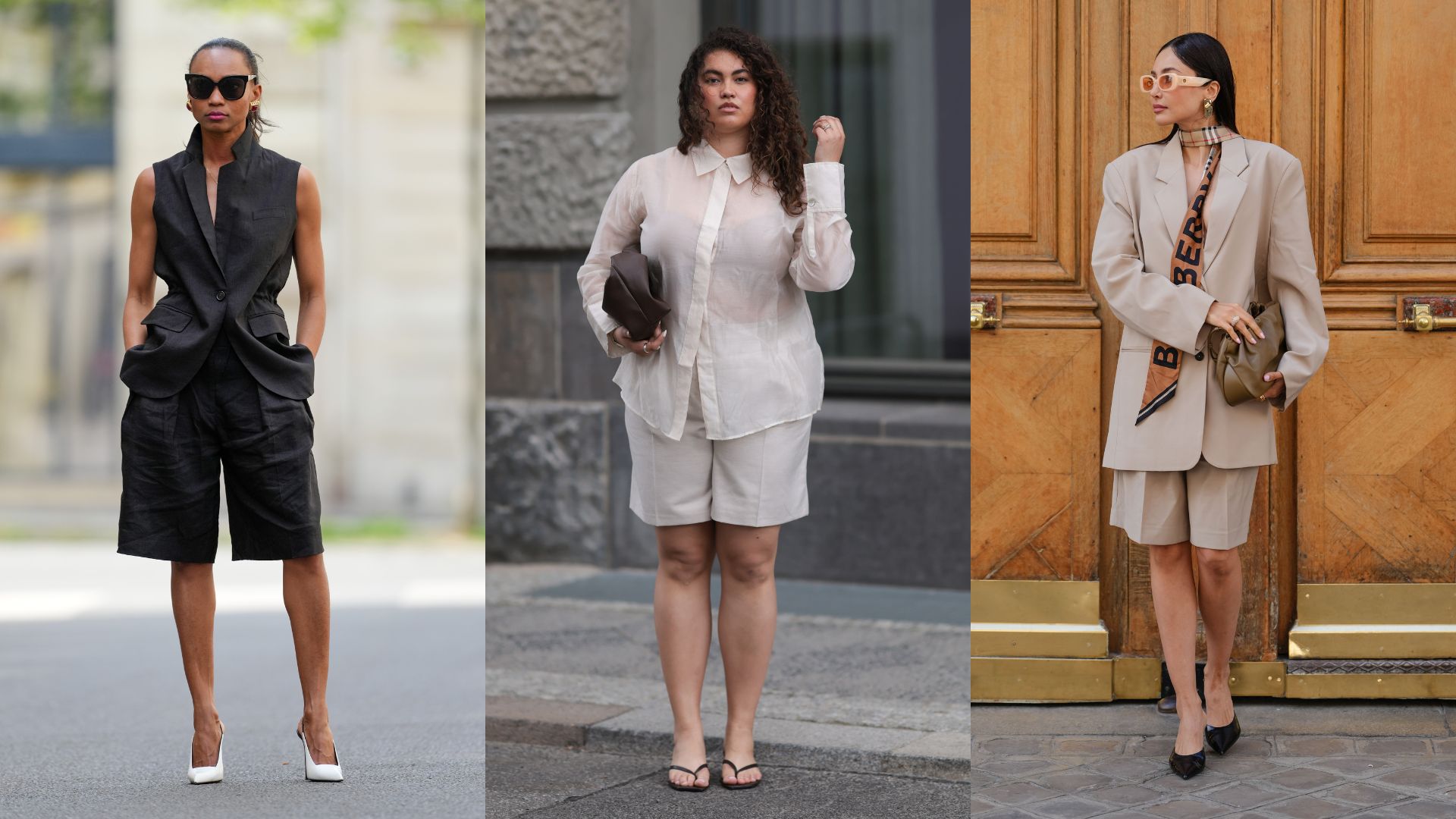 Three women wearing tailored shorts