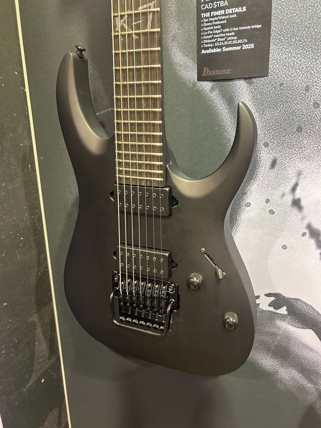 Seven of the guitars on display at Ibanez's booth at the 2025 NAMM Show in Anaheim, California