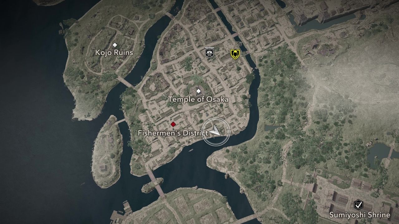 Assassin's Creed Shadows Butterfly Collector locations - A map showing the location of the fourth butterfly in Osaka.