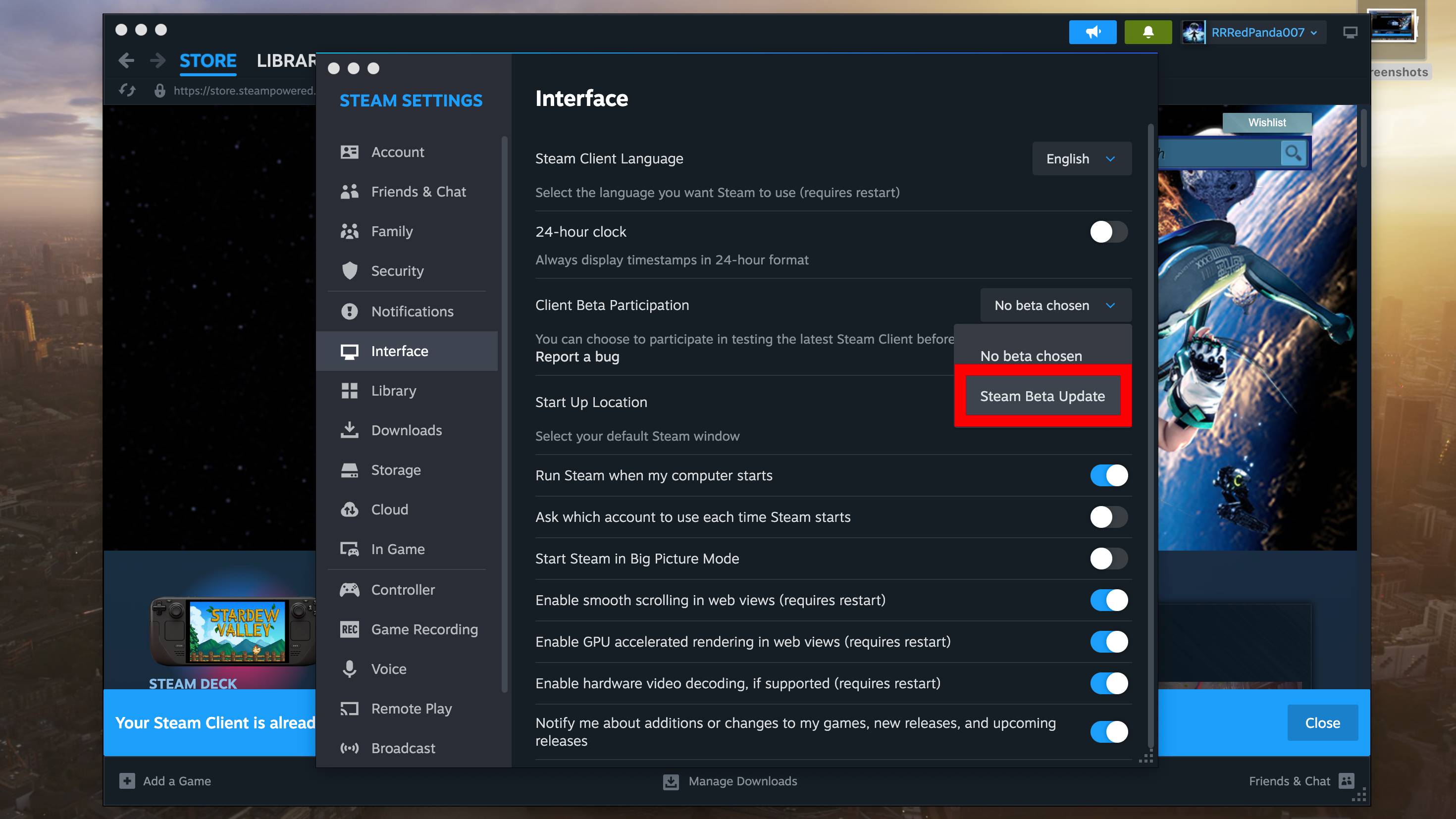 Screenshot of Steam on Mac app settings window with red box highlighting Steam Beta Update