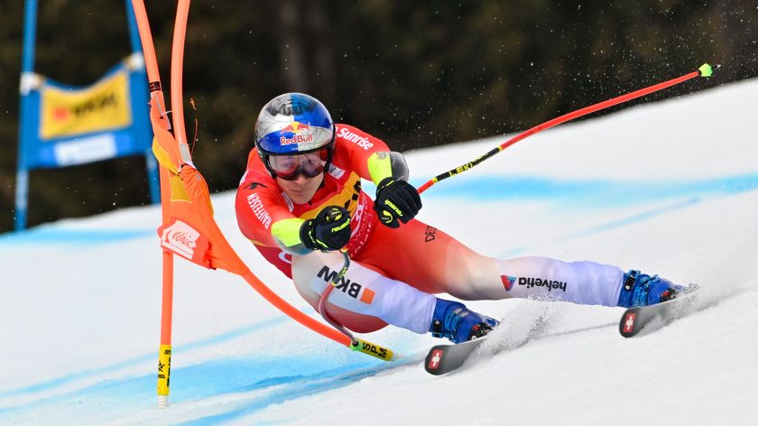 CRANS MONTANA, SWITZERLAND - FEBRUARY 23: Marco Odermatt of Team Switzerland competes during the Audi FIS Alpine Ski World Cup Men&#039;s Super G on February 23, 2025 in Crans Montana, Switzerland. 