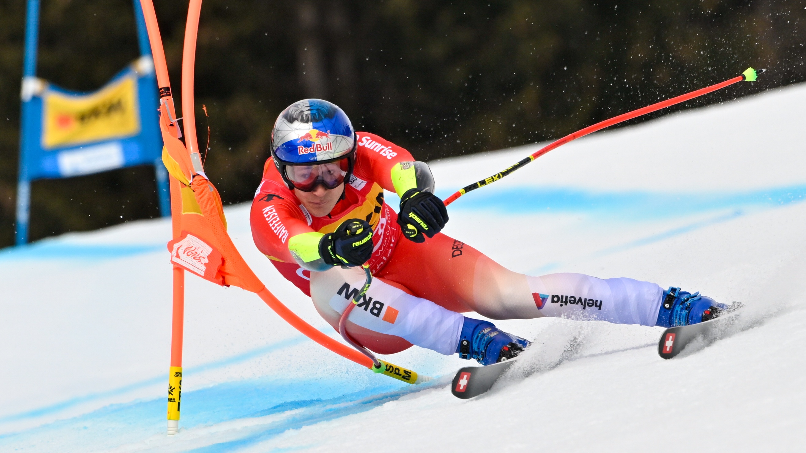 CRANS MONTANA, SWITZERLAND - FEBRUARY 23: Marco Odermatt of Team Switzerland competes during the Audi FIS Alpine Ski World Cup Men's Super G on February 23, 2025 in Crans Montana, Switzerland. 