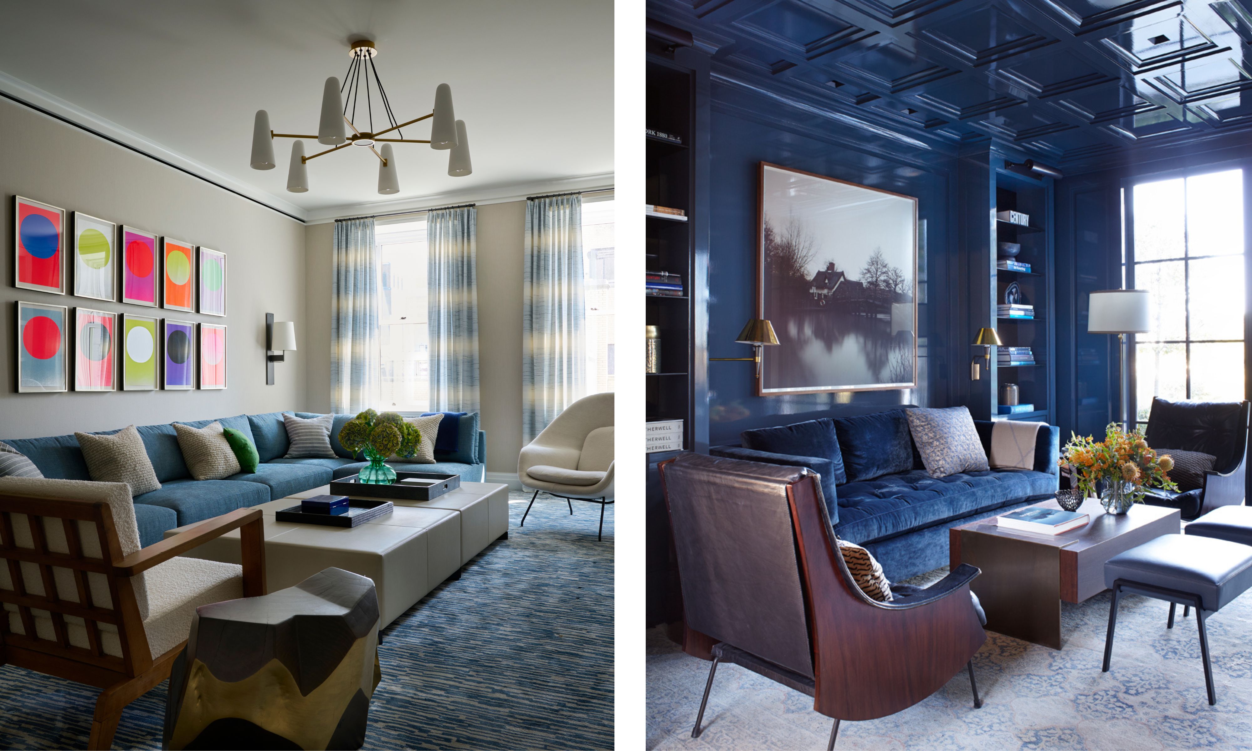 two shots next to each other. On the left, a gray and blue living room with bright modern art. On the right, a blue living room with brown armchair
