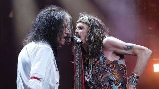 Joe Perry and Steven Tyler of Aerosmith perform at UBS Arena on September 09, 2023 in Elmont, New York