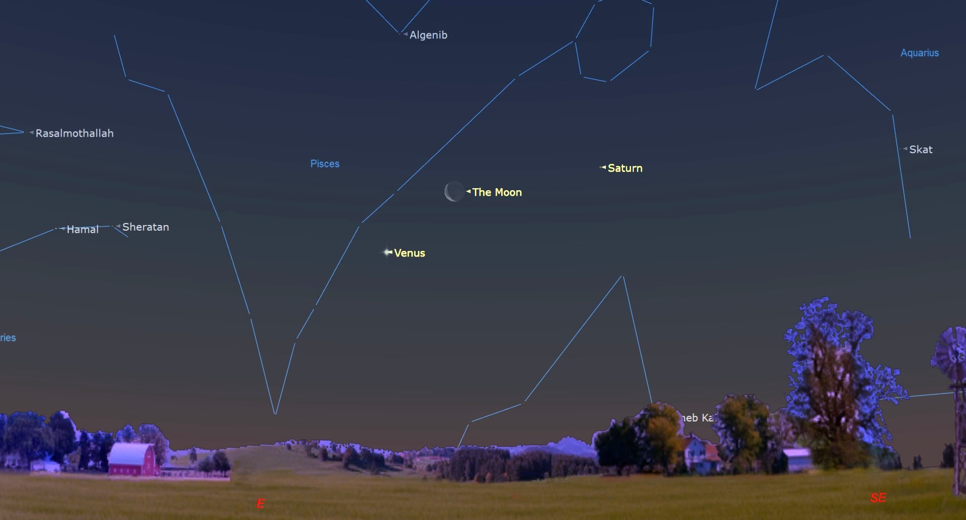 night sky map graphic showing the moon shining between Venus (to the left) and Saturn (to the right)