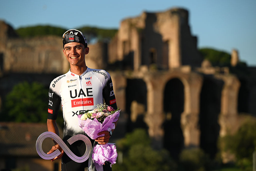ROME, ITALY - JUNE 01: Isaac Del Toro of Mexico and Team UAE Team Emirates - XRG celebrates at podium as second place winner during the 108th Giro d&#039;Italia 2025, Stage 21 a 144.8km stage from Rome to Rome / #UCIWT / on June 01, 2025 in Rome, Italy. (Photo by Dario Belingheri/Getty Images)
