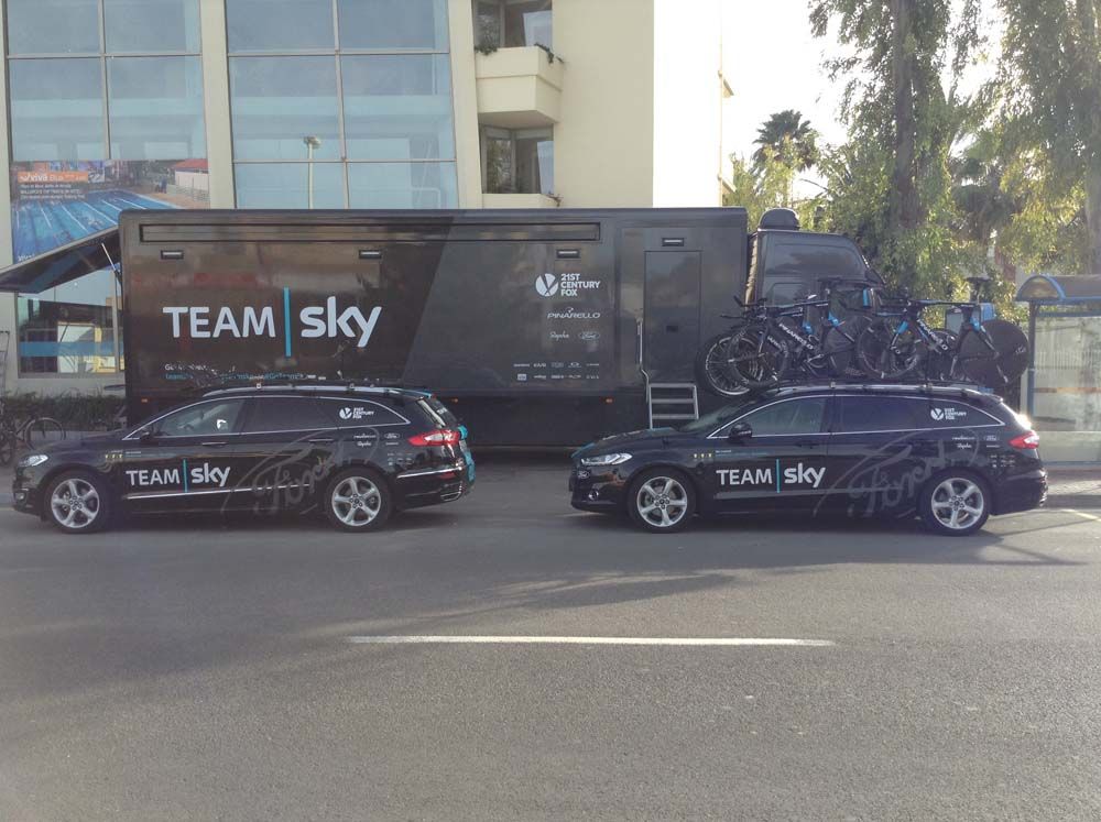 The 2016 Ford Team Sky vehicles parked outside the team's hotel and trick in Mallorca