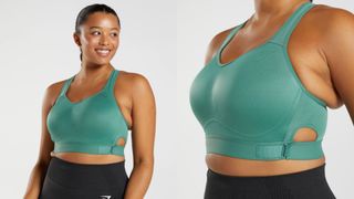 A woman wears a green sports bra, one of the best high impact sports bras.