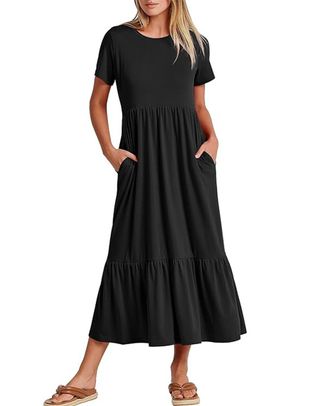 Short-Sleeve Crewneck A-Line Dress in Black