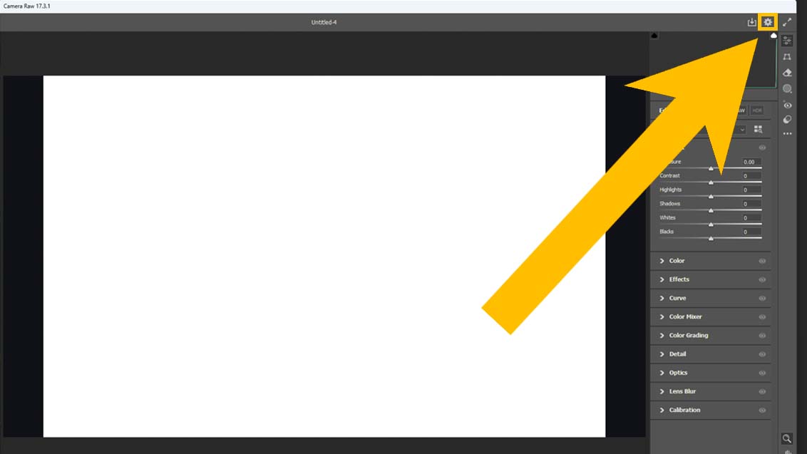 Photoshop's Camera Raw Filter window with a yellow arrow pointing to the Preferences cog in the top right corner.