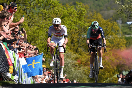 LIEGE, BELGIUM - APRIL 26: (L-R) Tadej Pogacar of Slovenia and UAE Team Emirates - XRG and Paul Seixas of France and Team Decathlon CMA CGM compete in the breakaway climbing the Cote de la Redoute (292m) during the 112th Liege - Bastogne - Liege 2026 - Men's Elite a 259.5km one day race from Liege to Liege / #UCIWT / on April 26, 2026 in Liege, Belgium. (Photo by Dario Belingheri/Getty Images)