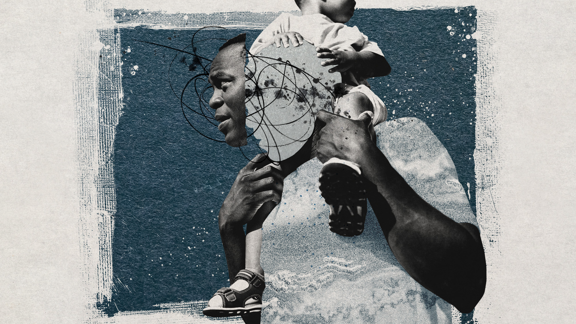 Photo collage of a man holding his child. His face is scribbled out